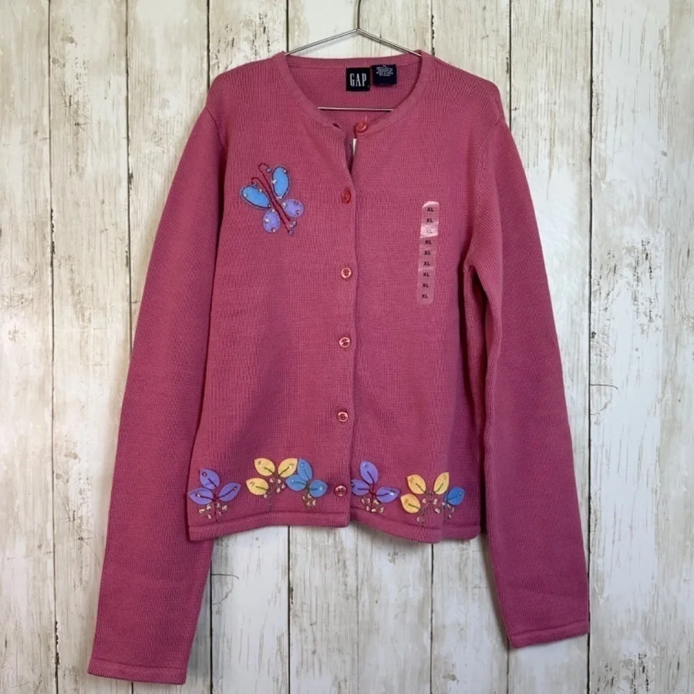 Gap Girls Cardigan Sweater XL Pink Flower Butterfly Appliqués Artsy NEW